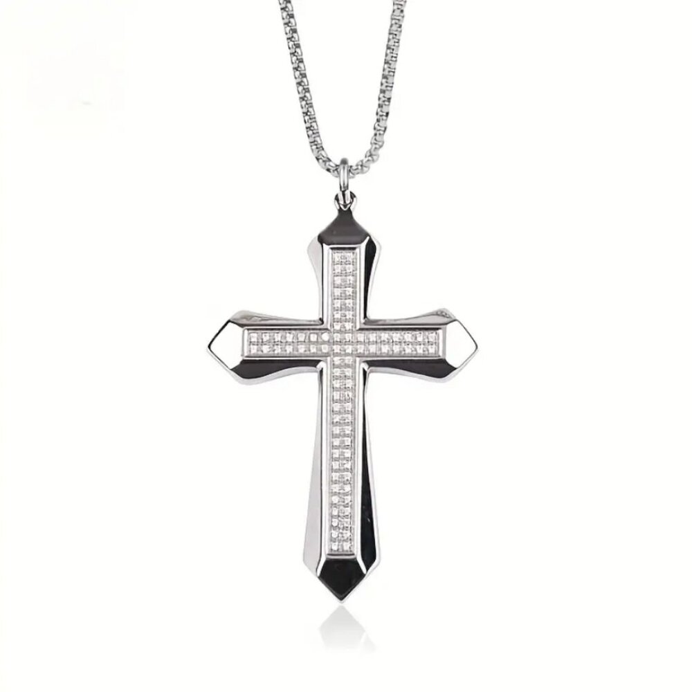 925 Sterling Silver Mens 24" 2ct Diamond Cross Necklace Guys Christian Jewelry
